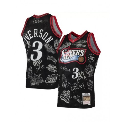 Men's Philadelphia 76ers Allen Iverson #3 M&N Black 1997-98 Hardwood Classics Tattoo Swingman Jersey